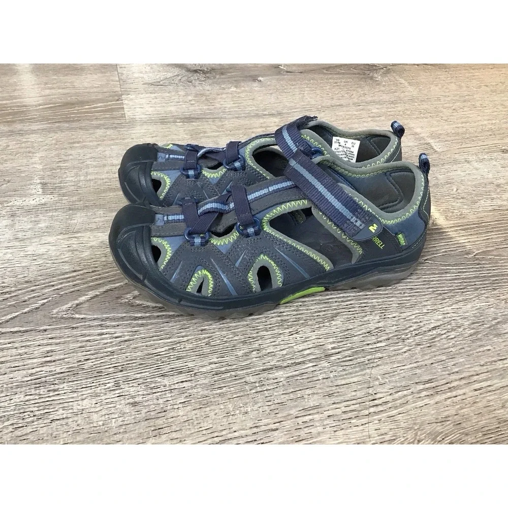 Merrell Youth Boys Hydro Sandals size 5 Navy Green waterproof slip On MY53375